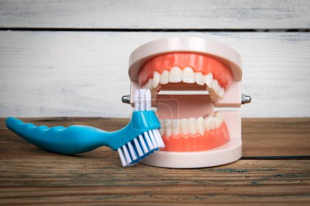 Photo for Toothbrush and teeth pattern on a wooden background. Tooth brushing and health concept. - Royalty Free Image