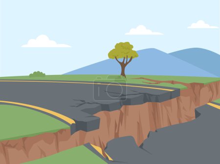 Illustration for Earthquake disaster in the middle of a gap in the road - Royalty Free Image
