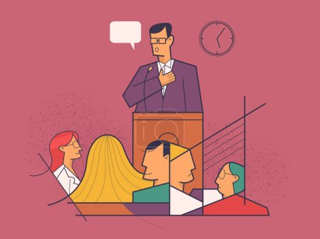 Illustration for Speaker from the podium giving a speech from a lectern with microphones in front of an audience - Royalty Free Image