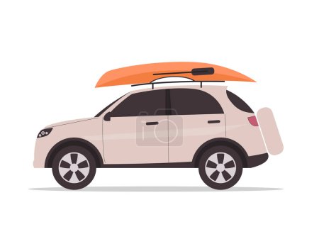 Téléchargez les illustrations : Une voiture avec un kayak sur le toit illustration vectorielle - en licence libre de droit