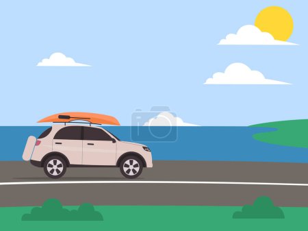 Téléchargez les illustrations : Une voiture sur autoroute avec un kayak sur le toit illustration vectorielle - en licence libre de droit