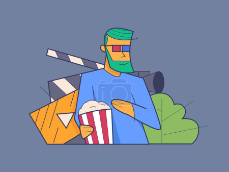 Illustration for Watching film with 3d glasses and popcorn bucket. movie buff looking premiere with joyful emotion - Royalty Free Image