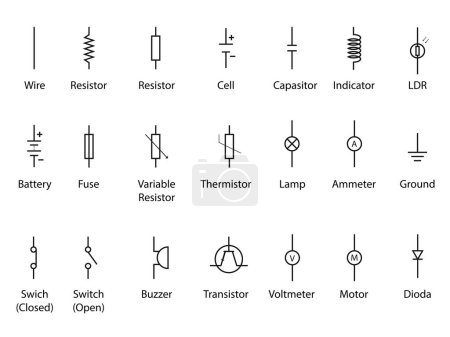 Téléchargez les illustrations : Jeu de symboles de circuits électroniques. Illustration vectorielle de schémas de circuits - en licence libre de droit