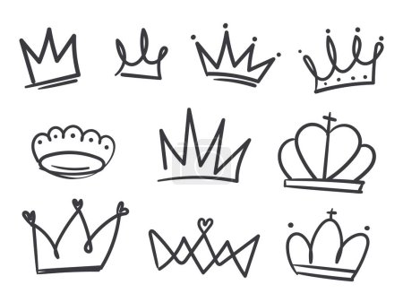 Ilustración de Coronas de garabatos dibujadas a mano. rey y reina corona línea de arte - Imagen libre de derechos