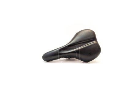 Photo for Side view brand new foam bike saddle seat isolated on white background. High performance ergonomic bicycle sitting with post mount for men and women sport and recreational rides - Royalty Free Image