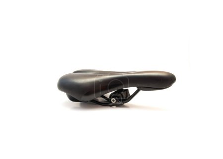 Side view brand new foam bike saddle seat isolated on white background. High performance ergonomic bicycle sitting with post mount for men and women sport and recreational rides
