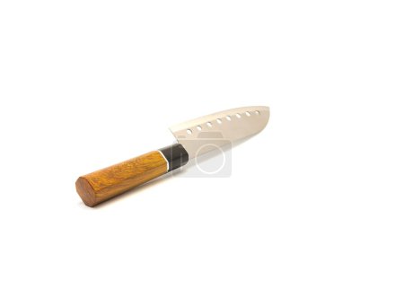 Téléchargez les photos : Upside down view sharp traditional Yanagiba sushi knife with comfort wooden grip handle isolated on white background. Stainless steel kitchen tool for cutting and slicing - en image libre de droit