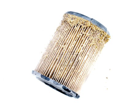 Side view dirty and contaminated shop vacuum filter made of 1-layer standard pleated paper, filtration system captures dry pickup of dirt, sawdust, debris isolated white background.  Cartridge filter