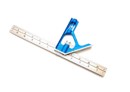 Photo for Top brand-new combination square with 12 inches etched stainless steel blade ruler marker, cast zinc head, self-aligning draw bolt isolated white background scriber, layout tool. Carpenter square - Royalty Free Image