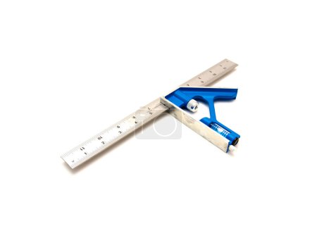 12 inches combination square with cast zinc head, etched stainless steel blade, bubble level and self-aligning draw bolt isolated white background, marking, scriber and layout tool. Carpenter square