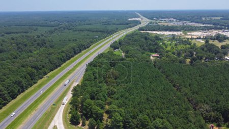 Téléchargez les photos : Autoroute verte Interstate 10 (I-10) avec des pins à encens verts luxuriants Pinus taeda à la ligne horizontale, site forestier naturel en Louisiane près de Greenwood aire de repos. Arrêt d'autoroute aérienne aux États-Unis - en image libre de droit