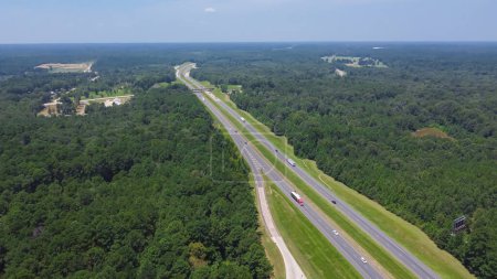 Téléchargez les photos : Pin à encens vert luxuriant Pinus taeda dans un site forestier le long de l'autoroute Interstate 10 (I-10) près de l'entrée de l'aire de repos à Greenwood, Louisiane, États-Unis. Transport aérien moderne d'arrêt d'autoroute - en image libre de droit
