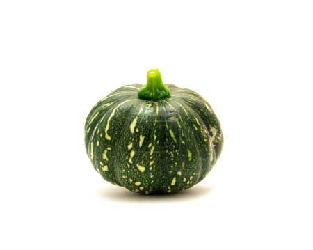 Photo for Side view fresh harvest baby winter squash, round eight ball gourd faint vertical ridges, speckled green striping, yellow mottling isolated on white background. Organic vegetable homegrown pumpkin - Royalty Free Image