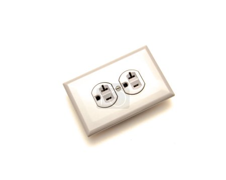 Photo for Mounting screws polycarbonate wall plate with gray finish industrial grade duplex receptacle 20A-125V capacity, 5-leaf brass, superior plug retention isolated on white background. 3-prong outlet plug - Royalty Free Image