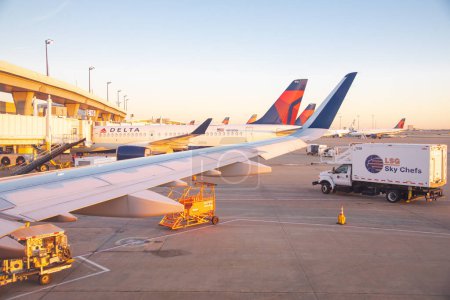 Foto de NOV 13, 2022-DALLAS, TX, US: Sky Chefs catering, airfield operations to Delta Air Lines aircrafts Dallas-Fort Worth DFW airport early morning, one of the world oldest airlines. Transporte. - Imagen libre de derechos
