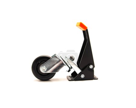 Photo for Side view heavy duty retractable caster for workbenches machinery and tables isolated on white background, orange rubber sleeve for buffer effect when bumping wheels. Pushing down pedals to raise - Royalty Free Image
