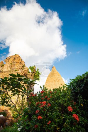 Photo for Flower bush landscape with North Tower or Thap Chinh and Central Tower or Thap Nam of Ponagar Cham Towers background, terraced pyramidal roof, built partly of recycled bricks, sunny blue sky. Vietnam - Royalty Free Image