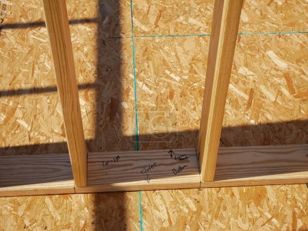 Pfosten-Balken-Stuck-Holzrahmen mit Markierung auf OSB-Unterbodenplatten decken, mit Holzschrauben an Balken befestigen Oriented Strand Board Sperrholz, Hausneubau, Innenwandrahmen, Texas. USA
