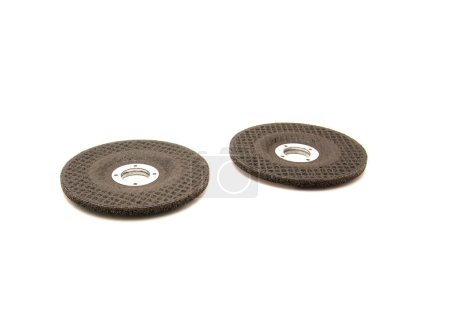 Photo for Two aluminum oxide general purpose griding wheels, manufactured with heat treated grit grains in high concentrations for smooth when cutting steel and ferrous metals, stone, isolated background. White - Royalty Free Image