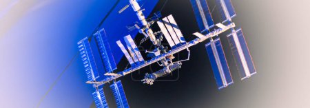 Téléchargez les photos : Modèle de la Station spatiale internationale Panorama structure de treillis intégrée, système d'entretien, plate-forme d'arrimage externe, panneaux solaires, lancement de la navette, orbite terrestre, suspendu au musée du plafond de la galaxie. États-Unis - en image libre de droit