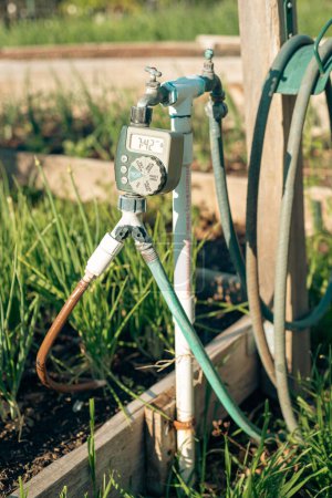 Photo for Water station at community garden, hose hanger, digital timer, large display controls, PVC pipe, outlet hose faucet Y splitter connector automate drip irrigation system, water energy conservation. USA - Royalty Free Image