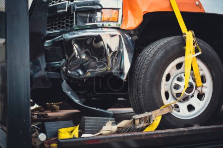 Photo for Damaged bumper front fender on pickup truck by car accident carrier on flatbed rollback slide tilt tray of tow truck with yellow ratchet strap tie down, collision, insurance claim concept, Texas. USA - Royalty Free Image