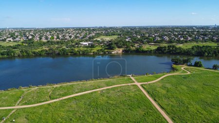 Master-planned community in Brookside neighborhood near Austin, 90-acre Brushy Creek Lake Park, nature trails, scenic picnic area in Cedar Park, Round Rock of Williamson and Travis County, aerial. USA