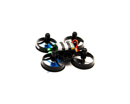 Photo for Rear view with battery of indoor mini drone, protection guard for propellers isolated on white background, quadcopter auto hovering and flashing light indicator, toy for kids beginner. Education - Royalty Free Image