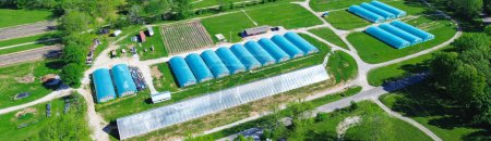 Panorama view commercial high tunnel greenhouse of large farm nursery in rural Ozarks area Mansfield, Missouri, polyhouse, hoophouse with extra-long polythene growing hothouse aerial lush green. USA