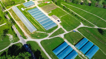 Giant commercial high tunnel greenhouse of large farm nursery in rural Ozarks area Mansfield, Missouri, polyhouse, hoophouse with extra-long polythene growing hothouse aerial lush green homestead. USA