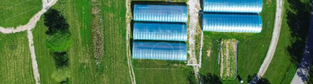 Panorama aerial view high tunnel greenhouse on large grassy vacant land of large commercial farm in rural Ozarks aera, Mansfield, Missouri, row polyhouse, hoophouse extra-long polythene hothouse. USA