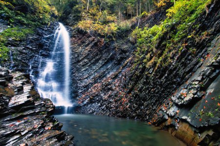 Photo for Mountain waterfall. Stone rock, mountain river, autumn landscape - Royalty Free Image