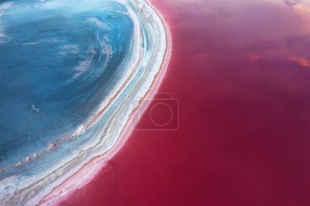 Top view of the salt-covered shore of Pink Lake. Drone view