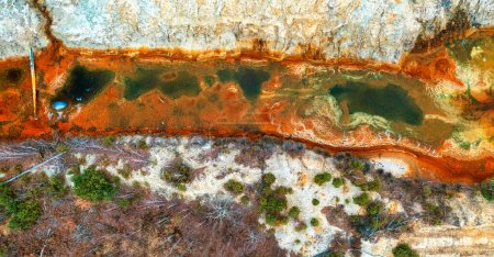 This aerial photograph shows the devastating impact of industrial processes on the environment. A heavily polluted river is seen with toxic green waste and orange deposits on the banks, while the adjacent vegetation has been severely affected and sup