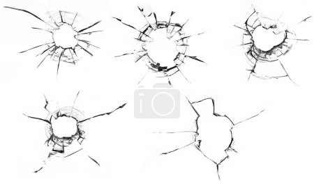 bullet holes and numerous cracks on a plain white glass background, evoking a sense of danger and destruction. The bullet holes are the central focus of the image, with their jagged edges and shattered glass creating an eerie and unsettling atmospher