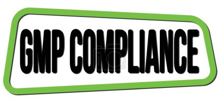 Foto de GMP COMPLIANCE text written on green-black trapeze stamp sign. - Imagen libre de derechos