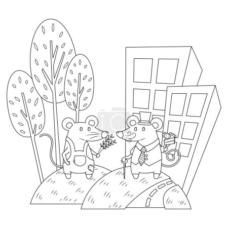 Illustration for The town mouse and the country mouse picture for story book. Aesop's fable illustration. Cute illustration cartoon for fairy tale story and book. - Royalty Free Image