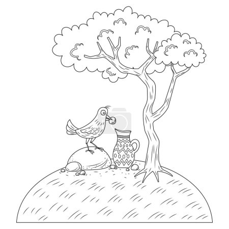 Illustration for The crow and the pitcher picture for story book. Aesop's fable illustration. Cute illustration cartoon for fairy tale story and book. - Royalty Free Image