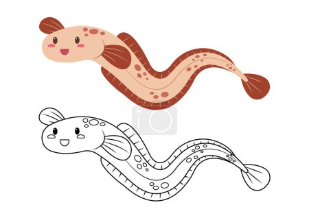 Illustration for Eel cute vector illustration cartoon isolated on white background. Eel vector colored and colorless. Cute coloring page for kids. - Royalty Free Image