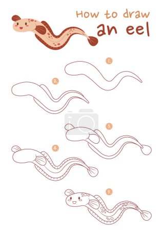 Illustration for How to draw an eel vector illustration. Draw eel fish step by step. Cute and easy drawing guide. - Royalty Free Image