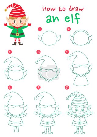 Illustration for How to draw an elf vector illustration. Draw elf girl step by step. Cute and easy drawing guide. - Royalty Free Image