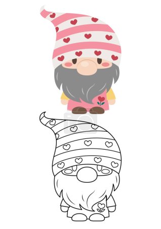 Gnome cute vector illustration cartoon isolated on white background. Gnome vector colored and colorless. Cute coloring page for kids. 