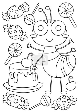 Cute animal coloring page for kids and adults. Coloring page for relaxation and mindfulness practice. Ant and sweets coloring book. 