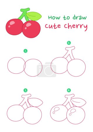How to draw cute cherry vector illustration. Draw cherries fruit step by step. Cute and easy drawing guide.
