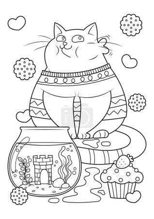 Funny fat cat coloring page. Cute cat vector illustration cartoon. Cat holds fish in its mouth. Cat eating goldfish.