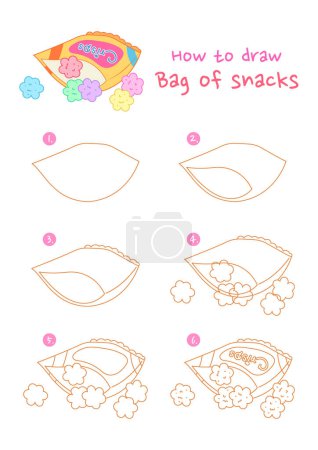 How to draw bag of snacks vector illustration. Draw crispy snacks step by step. Cute and easy drawing guide.
