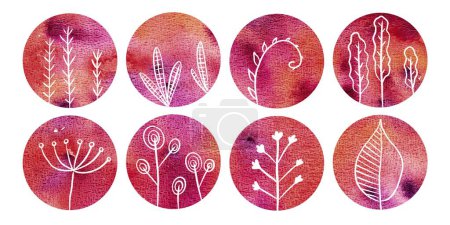 Photo for Collection of red colorful circles with botanical pattern. Set of abstract watercolor circles design with space for text and your design. Round highlight backgrounds for social media stories, story - Royalty Free Image