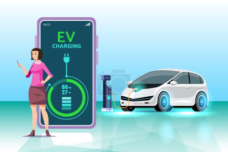 Illustration for Mobile application that tells the charging status of the electric vehicle. mobile application for EV car management. Concept of electric vehicle charge. - Royalty Free Image