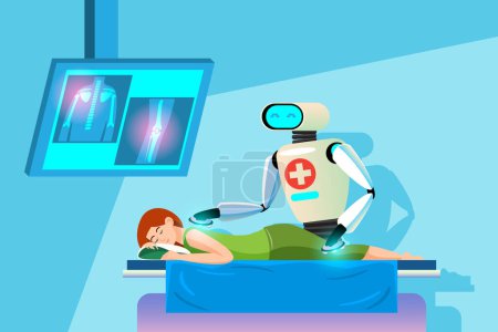Téléchargez les illustrations : Robot de physiothérapie, massage du corps, massage du dos et du genou. Technologie de prise en charge des patients. Robots pour remplacer le travail humain. - en licence libre de droit