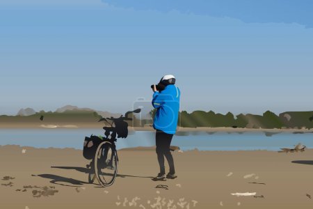 Téléchargez les photos : Illustration numérique de cycliste photographiant la rivière générée par l'IA - en image libre de droit